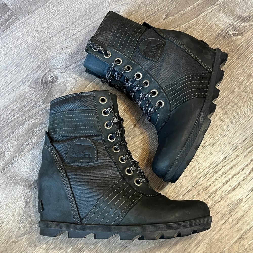 Sorel Lexie Black Leather Canvas Lace Up Ankle Boots Womens 9 NL3046 Excellent